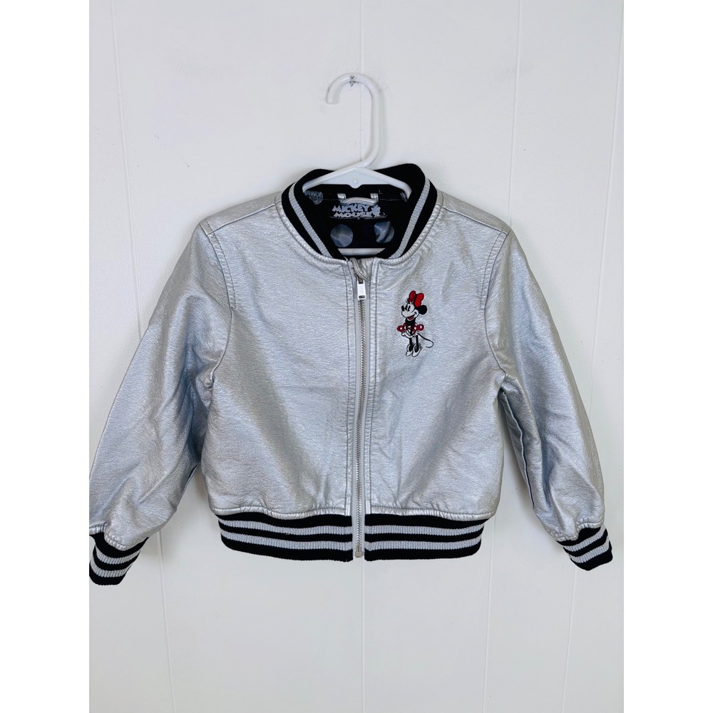 Disney Minnie‎ Mouse Silver Bomber Varsity Jacket Polka Dot Lining Girls Size 4